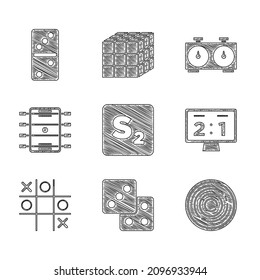 Set Bingo, Game dice, Checker game chips, Sport mechanical scoreboard, Tic tac toe, Hockey table, Time chess clock and Domino icon. Vector