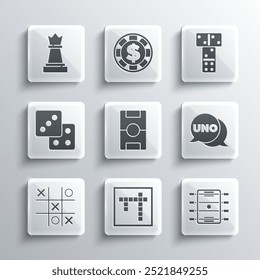 Set Bingo, Hockey table, Uno card game, Tic tac toe, Game dice, Chess and Domino icon. Vector