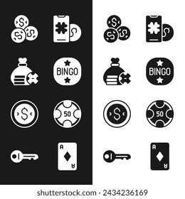 Set Bingo, Money bag, Casino chip with dollar, Online poker table game, Coin money, chips, Playing card diamonds and Old key icon. Vector
