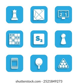 Set Bingo, Racket, Billiard balls triangle, Chip for board game, Backgammon, Board of checkers, Sport mechanical scoreboard and Chess icon. Vector