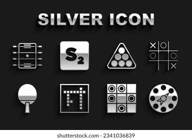 Set Bingo, Tic tac toe game, Twister, Board of checkers, Racket, Billiard balls triangle, Hockey table and  icon. Vector