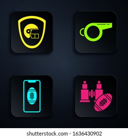 Set Binoculars and american football ball, American football helmet and shield, Smartphone with american football ball on the screen and Whistle. Black square button. Vector