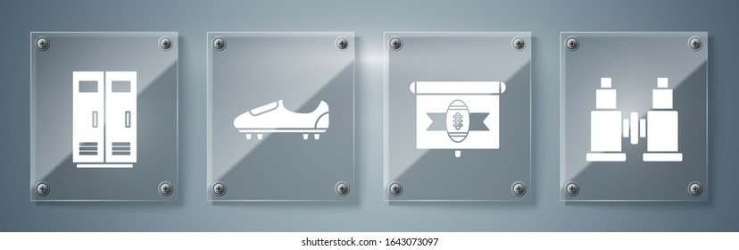Set Binoculars, American football on tv program, Soccer or football shoes with spikes and Locker or changing room for football, basketball team or workers. Square glass panels. Vector