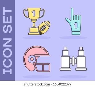 Set Binoculars, Award Cup And American Football Ball, American Football Helmet And Number 1 One Fan Hand Glove With Finger Raised Icon. Vector