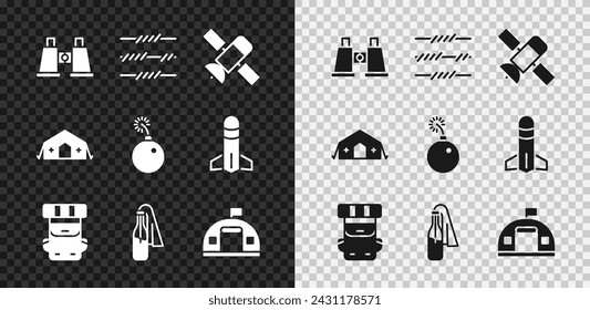 Set Binoculars, Barbed wire, Satellite, Hiking backpack, Cocktail molotov, Military barracks, medical tent and Bomb ready explode icon. Vector