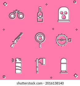 Set Binoculars, Bottle of vodka, Balaclava, Shotgun, Paw search, Trap hunting, Pepper spray and Wooden axe icon. Vector