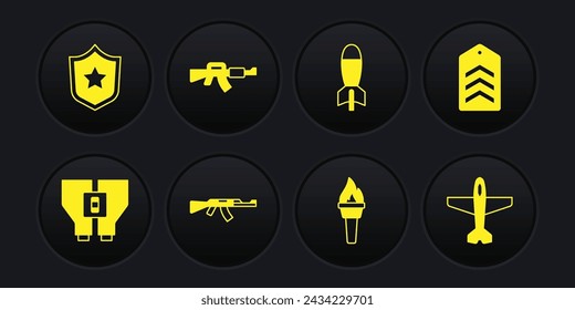 Set Binoculars, Chevron, Submachine gun, Torch flame, Rocket launcher, M16A1 rifle, Plane and Police badge icon. Vector