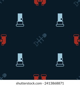 Set Binoculars, Dead fish and Cartridges on seamless pattern. Vector