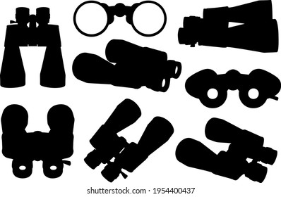 Set of binoculars in different positions isolated on white
