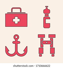 Set Binoculars, First aid kit, Bottle of water and Anchor icon. Vector