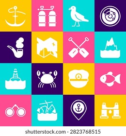 Set Binoculars, Fish, Iceberg, Bird seagull, Pirate treasure map, Smoking pipe, Anchor and Paddle icon. Vector