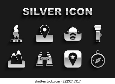 Set Binoculars, Flashlight, Compass, Location for camping, Mountains, Sunrise, Campfire and  icon. Vector