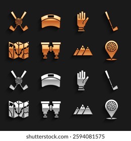 Set Binoculars, Golf club, Location golf sport, Mountains, course layout, glove, Crossed with ball and Sun visor cap icon. Vector