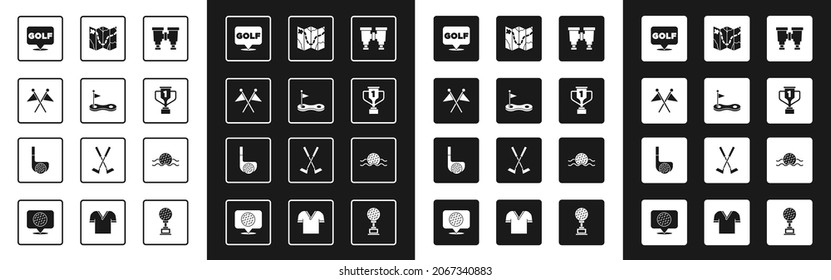 Set Binoculars, Golf hole with flag, label, Award cup golf, course layout, ball water and club icon. Vector