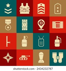 Set Binoculars, Hand grenade, Dynamite bomb, Chevron, timer clock, Military reward medal, rank and Target sport icon. Vector