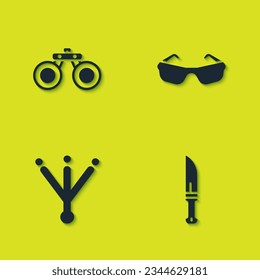 Set Binoculars, Hunter knife, Bird footprint and Glasses icon. Vector