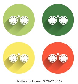 Set Binoculars icon isolated with long shadow background. Find software sign. Spy equipment symbol. Color circle button. Vector