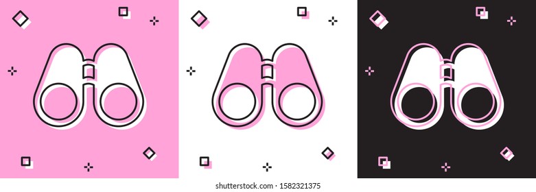 Set Binoculars icon isolated on pink and white, black background. Find software sign. Spy equipment symbol.  Vector Illustration