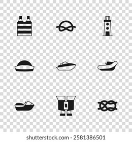 Set Binoculars, Inflatable boat with motor, Nautical rope knots, Speedboat, Lighthouse, Striped sailor t-shirt,  and Sailor hat icon. Vector