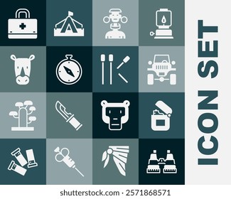 Set Binoculars, Lighter, Off road car, African tribe male, Compass, Rhinoceros, First aid kit and Matches icon. Vector