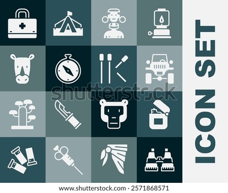 Set Binoculars, Lighter, Off road car, African tribe male, Compass, Rhinoceros, First aid kit and Matches icon. Vector