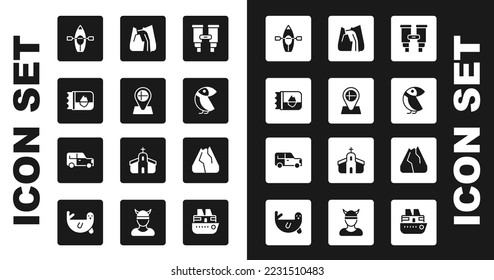 Set Binoculars, Location flag Iceland, Ticket, Kayak paddle, Albatross, Waterfall, Mountains and Car icon. Vector