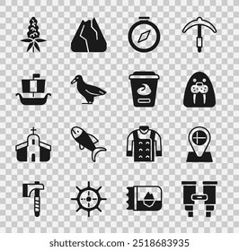 Set Binoculars, Location flag Iceland, Walrus animal, Compass, Albatross, Viking ship Drakkar, Lupine flower and Yogurt container icon. Vector