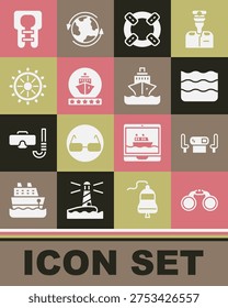 Set Binoculars, Poker table, Wave, Lifebuoy, Cruise ship, Ship steering wheel, jacket and  icon. Vector