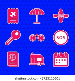 Set Binoculars, Rv Camping trailer, Calendário, Localização com SOS, Passaporte, Chave, Canoa Kayak e ícone de bilhete de avião. Vetor
