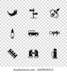 Set Binoculars, Sniper optical sight, Thermos container, Safari car, Medieval bow and arrow, Hunting horn, Road traffic sign and Bullet icon. Vector