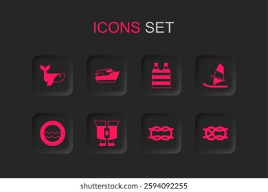 Set Binoculars, Speedboat, Whale, Nautical rope knots, Windsurfing, Striped sailor t-shirt and Ship porthole icon. Vector