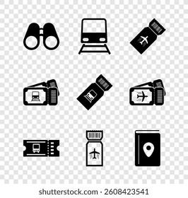 Set Binoculars, Train, Airline ticket, Bus, Cover book travel guide,  and  icon. Vector
