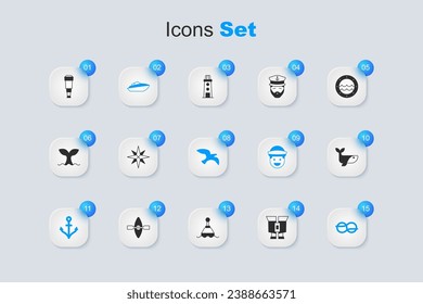 Set Binoculars, Wind rose, Speedboat, Anchor, Nautical rope knots, Whale, Spyglass telescope lens and Bird seagull icon. Vector
