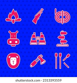 Set Binoculars, Wooden axe, Matches, Road traffic sign, Wild lion, Hippo or Hippopotamus, Climber rope and Campfire icon. Vector