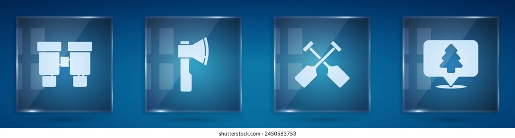 Set Binoculars, Wooden axe, Paddle and Location of the forest. Square glass panels. Vector