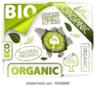 Set of bio, eco, organic elements - labels, stickers, stamps, ribbons