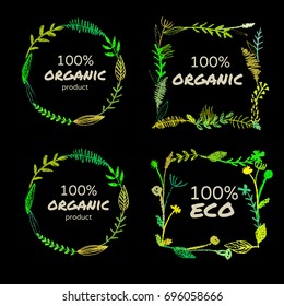 set of bio eco round and square wreaths;frames;drawn by pencil;made of meadow herbs,flowers and plants; great for ecological, natural, and organic posters, cards, banners, labels, as a logo background