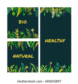 a set of bio or eco square and vertical banners; frames hand drawn by pencil; made of meadow herbs, flowers and plants; great for ecological, natural and organic posters, cards, banners, labels