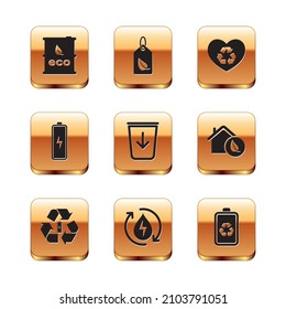 Set Bio fuel barrel, Battery with recycle, Recycle clean aqua, Send to the trash, Eco friendly heart,  and Tag leaf icon. Vector