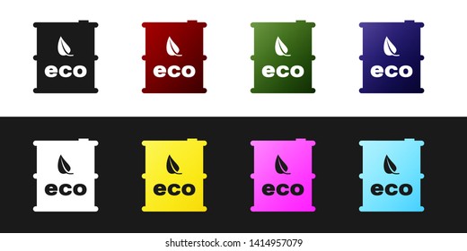 Set Bio fuel barrel icon isolated on black and white background. Eco bio and canister. Green environment and recycle. Vector Illustration