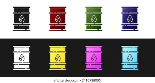 Ajuste el icono del barril de combustible Bio aislado en fondo blanco y negro. Biografía ecológica y bote. Ambiente verde y reciclaje.  Vector
