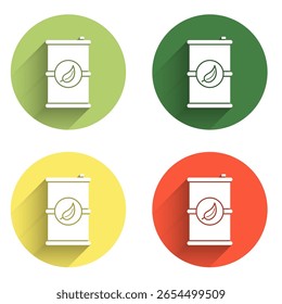 Set Bio fuel barrel icon isolated with long shadow background. Eco bio and canister. Green environment and recycle. Color circle button. Vector