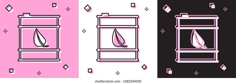 Set Bio fuel barrel line icon isolated on pink and white, black background. Eco bio and canister. Green environment and recycle.  Vector Illustration