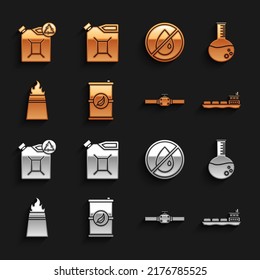 Set Bio fuel barrel, Oil petrol test tube, tanker ship, Industry pipes and valve, rig with fire, No oil drop, Eco canister and Canister for gasoline icon. Vector