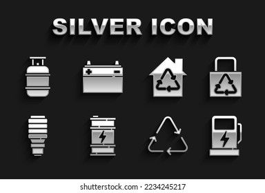 Set Bio fuel barrel, Paper bag with recycle, Electric car charging station, Recycle symbol, LED light bulb, Eco House recycling, Propane gas tank and Car battery icon. Vector