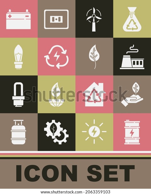 Set Bio fuel barrel, Plant in hand, Factory, Wind\
turbine, Battery with recycle, Light bulb, Car battery and Leaf\
leaves icon. Vector