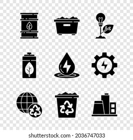 Set Bio fuel barrel, Trash can, Light bulb with leaf, Planet earth and recycling, Recycle bin recycle, Factory, Eco nature battery and Water energy icon. Vector