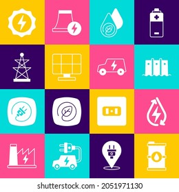 Set Bio fuel barrel, Water energy, Hydroelectric dam, Solar panel, Electric tower, Lightning bolt and car icon. Vector