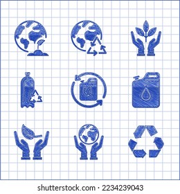 Set Bio fuel canister, Human hands holding Earth globe, Recycle symbol, Canister for gasoline, Sprout of environmental protection, Recycling plastic bottle, Plant and plant icon. Vector