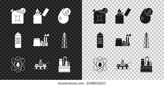 Set Bio bote de combustible, encendedor, átomo, plataforma de aceite en el mar, edificio de fábrica industrial, máquina de motor de bote de aceite e icono. Vector